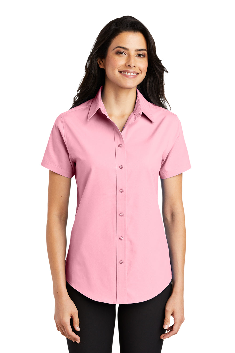 Port Authority L508 Womens Easy Care Wrinkle Resistant Short Sleeve Button Down Shirt Light Pink Model Front