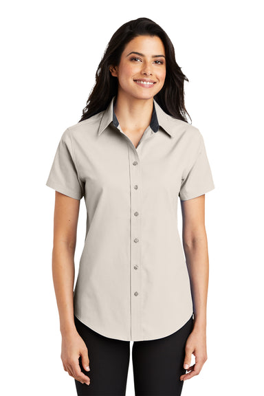 Port Authority L508 Womens Easy Care Wrinkle Resistant Short Sleeve Button Down Shirt Light Stone Model Front