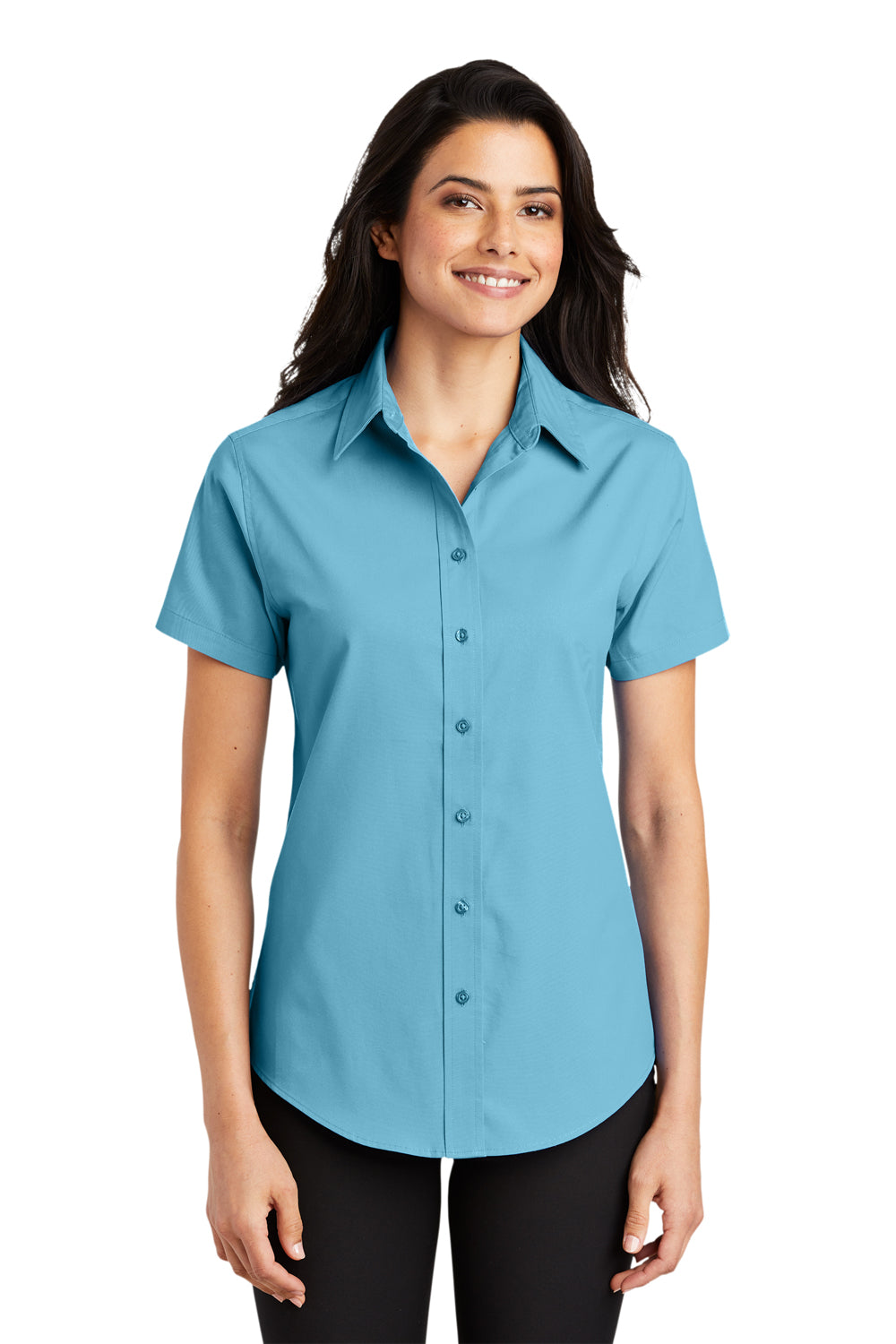 Port Authority L508 Womens Easy Care Wrinkle Resistant Short Sleeve Button Down Shirt Maui Blue Model Front