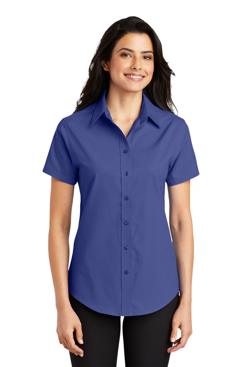 Port Authority L508 Womens Easy Care Wrinkle Resistant Short Sleeve Button Down Shirt Mediterranean Blue Model Front