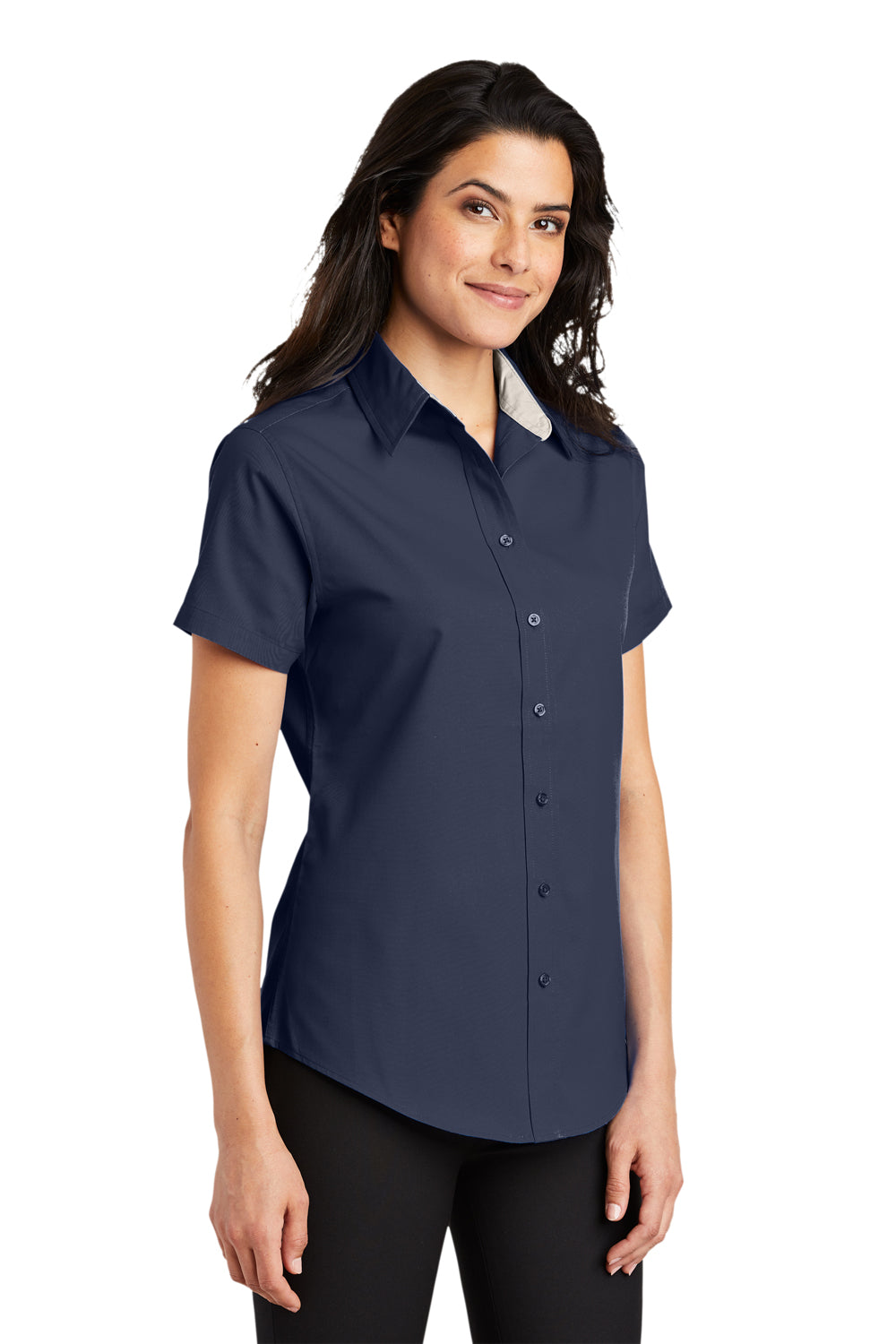 Port Authority L508 Womens Easy Care Wrinkle Resistant Short Sleeve Button Down Shirt Navy Blue Model 3q