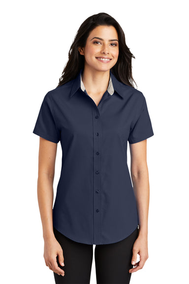 Port Authority L508 Womens Easy Care Wrinkle Resistant Short Sleeve Button Down Shirt Navy Blue Model Front