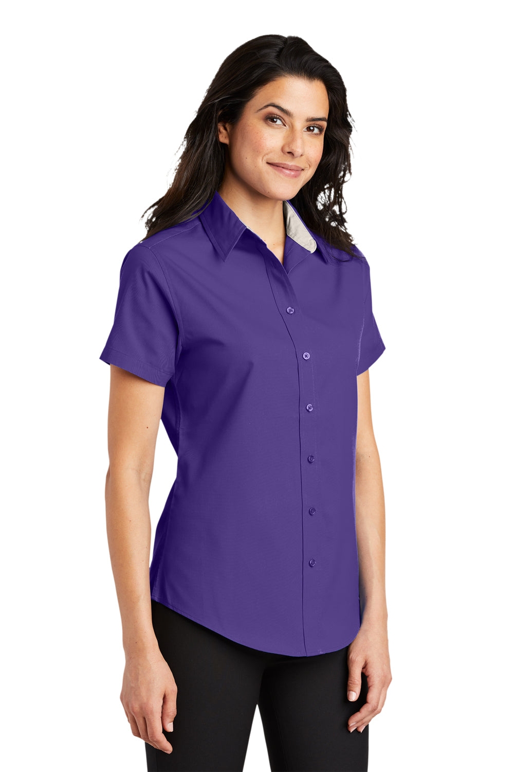 Port Authority L508 Womens Easy Care Wrinkle Resistant Short Sleeve Button Down Shirt Purple Model 3q