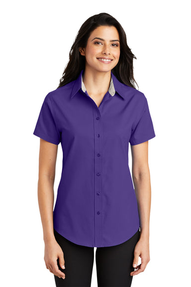 Port Authority L508 Womens Easy Care Wrinkle Resistant Short Sleeve Button Down Shirt Purple Model Front