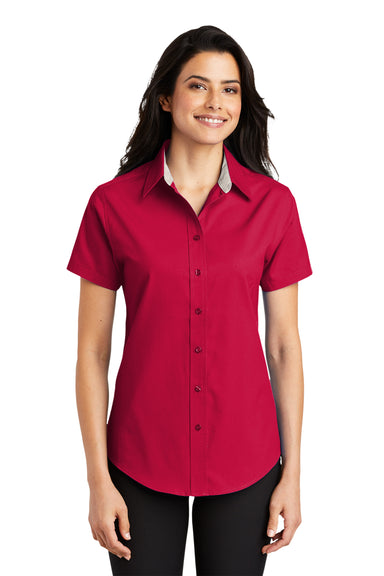 Port Authority L508 Womens Easy Care Wrinkle Resistant Short Sleeve Button Down Shirt Red Model Front