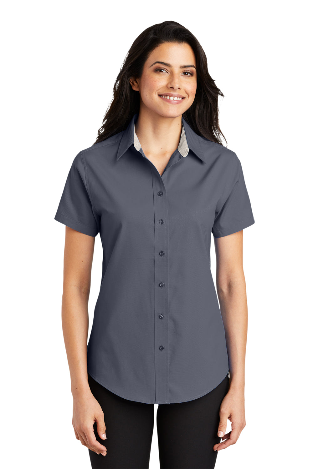 Port Authority L508 Womens Easy Care Wrinkle Resistant Short Sleeve Button Down Shirt Steel Grey Model Front