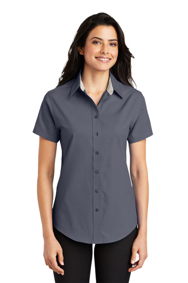 Port Authority L508 Womens Easy Care Wrinkle Resistant Short Sleeve Button Down Shirt Steel Grey Model Front