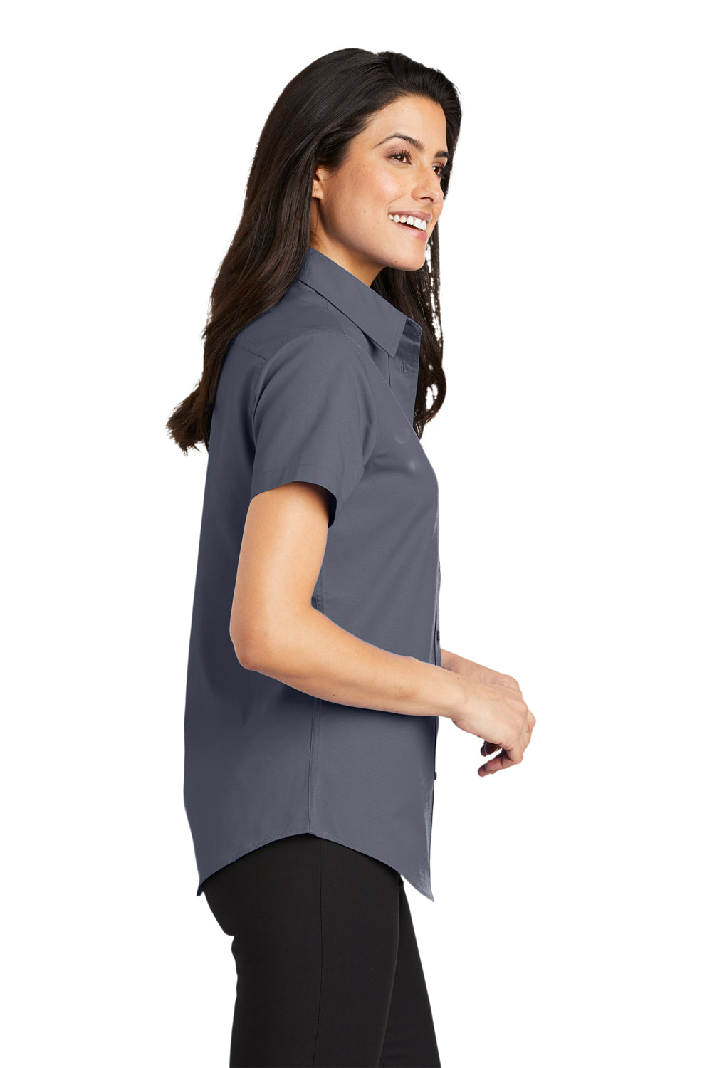 Port Authority L508 Womens Easy Care Wrinkle Resistant Short Sleeve Button Down Shirt Steel Grey Model Side