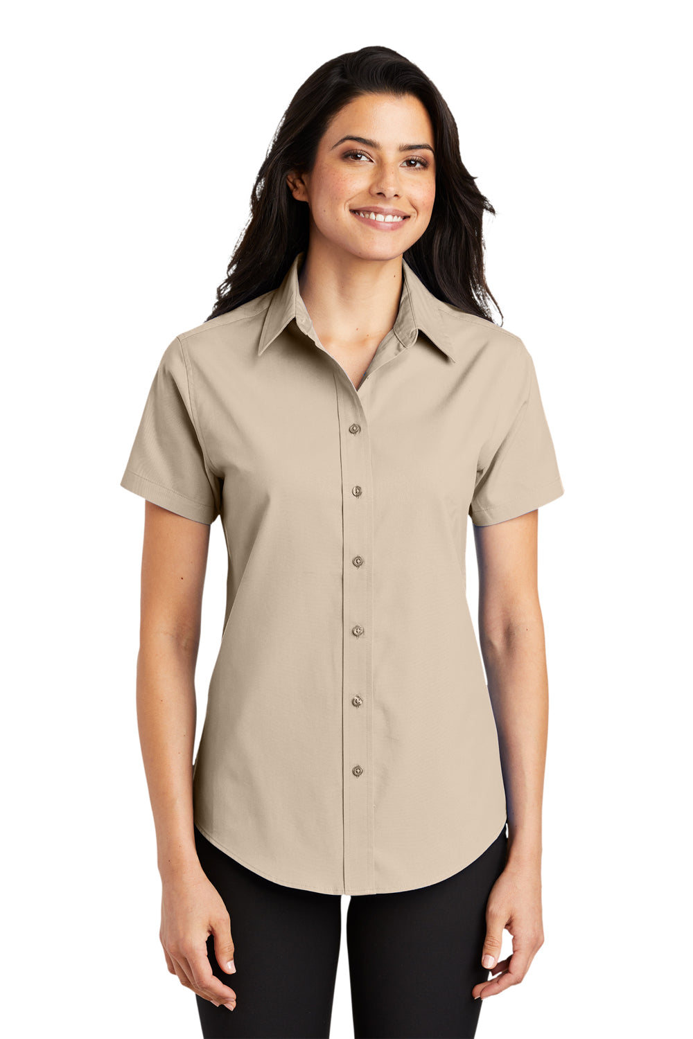 Port Authority L508 Womens Easy Care Wrinkle Resistant Short Sleeve Button Down Shirt Stone Brown Model Front