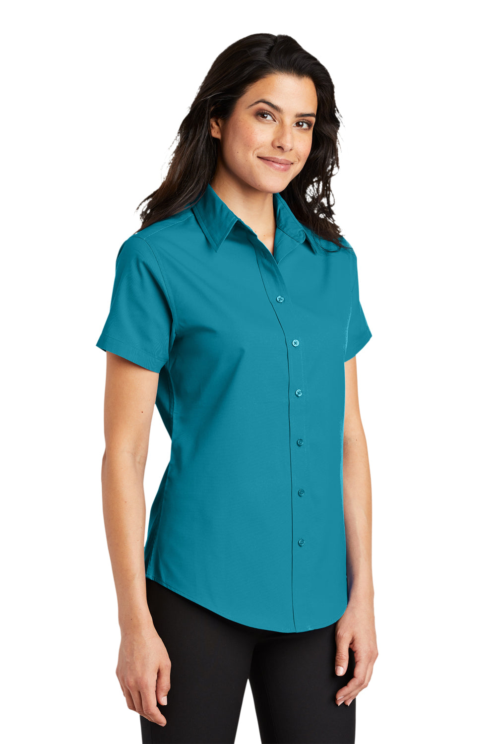 Port Authority L508 Womens Easy Care Wrinkle Resistant Short Sleeve Button Down Shirt Teal Green Model 3q