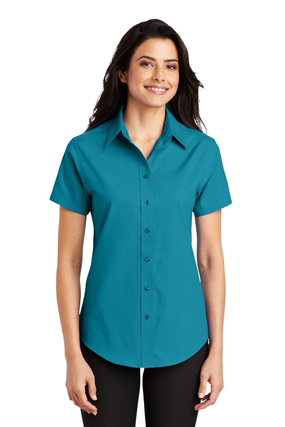 Port Authority L508 Womens Easy Care Wrinkle Resistant Short Sleeve Button Down Shirt Teal Green Model Front