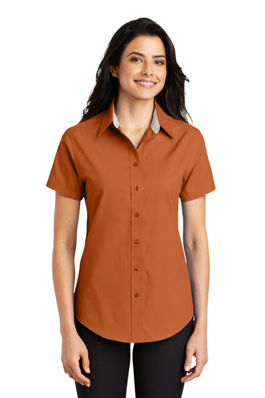 Port Authority L508 Womens Easy Care Wrinkle Resistant Short Sleeve Button Down Shirt Texas Orange Model Front