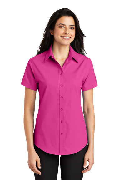 Port Authority L508 Womens Easy Care Wrinkle Resistant Short Sleeve Button Down Shirt Tropical Pink Model Front