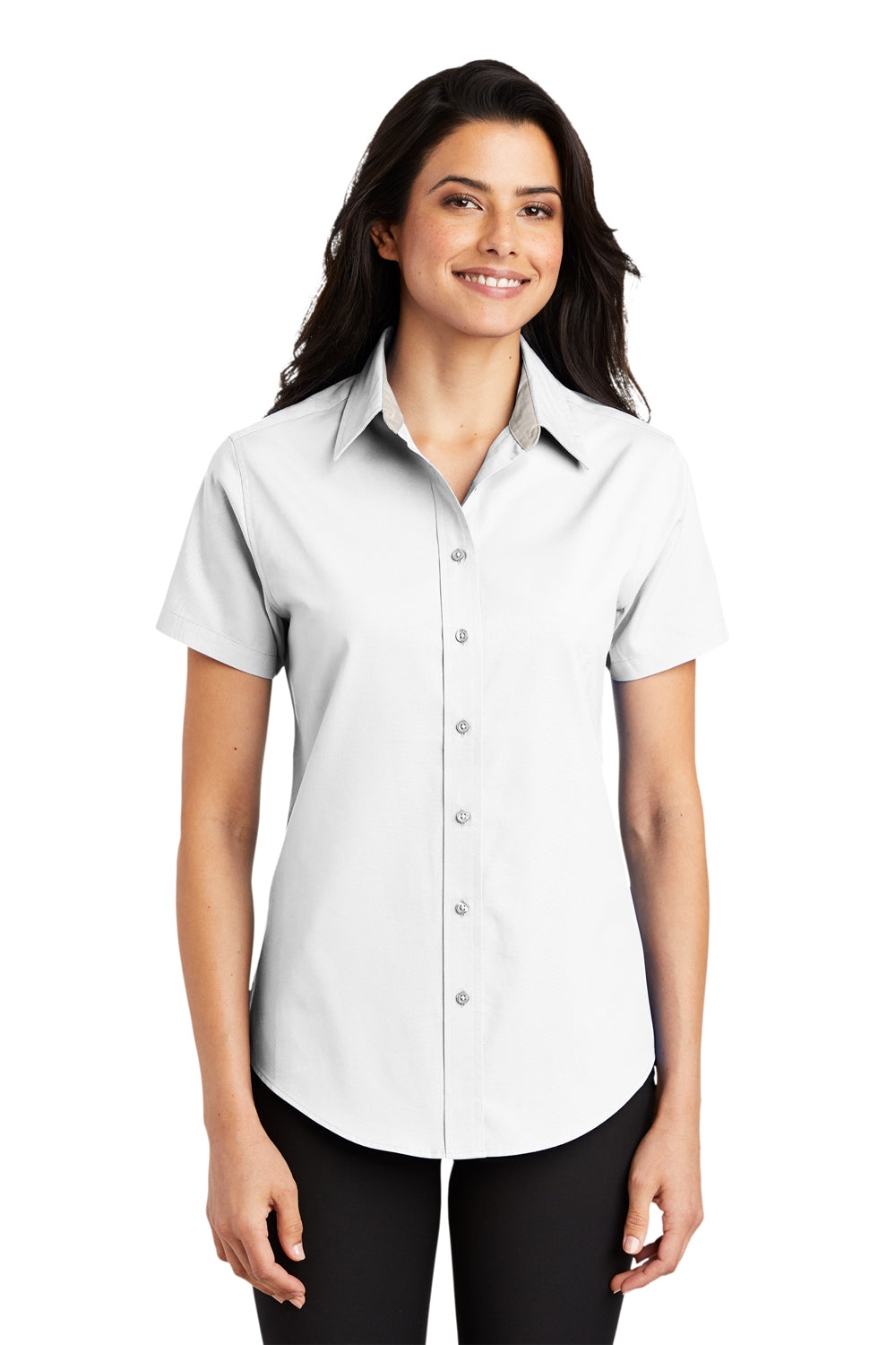 Port Authority L508 Womens Easy Care Wrinkle Resistant Short Sleeve Button Down Shirt White Model Front