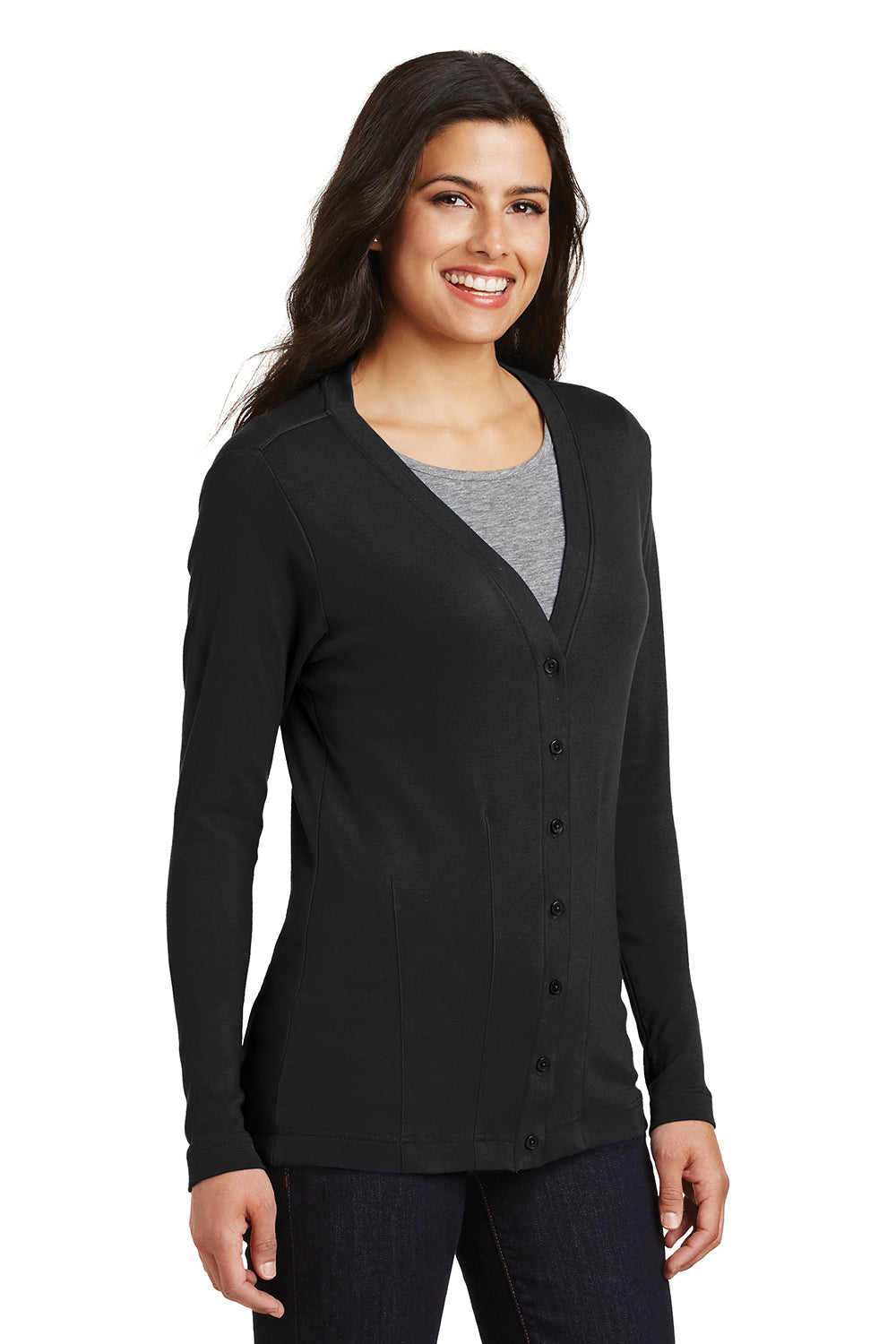 Port Authority L515 Womens Long Sleeve Cardigan Sweater Black Model 3q