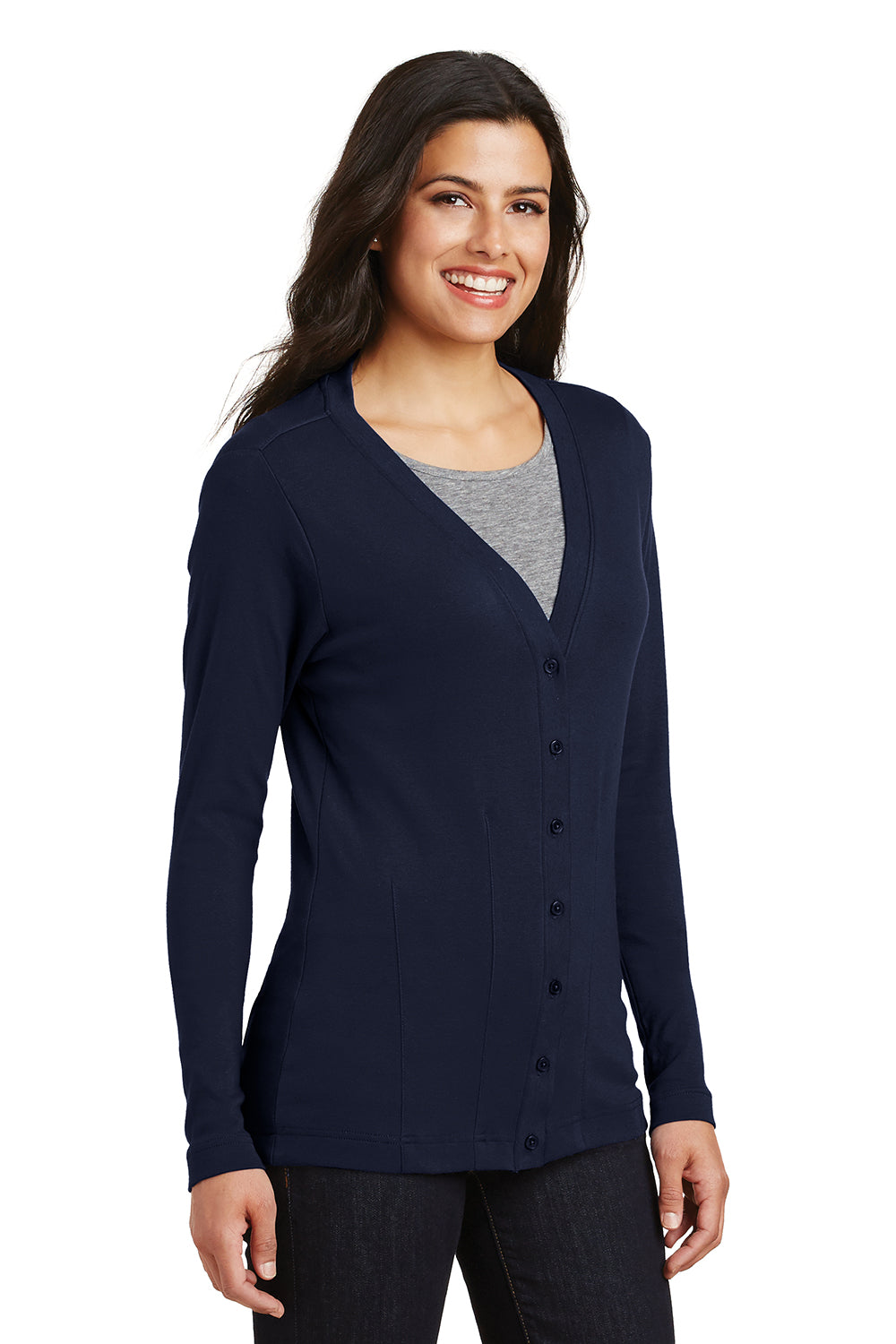 Port Authority L515 Womens Long Sleeve Cardigan Sweater True Navy Blue Model 3q