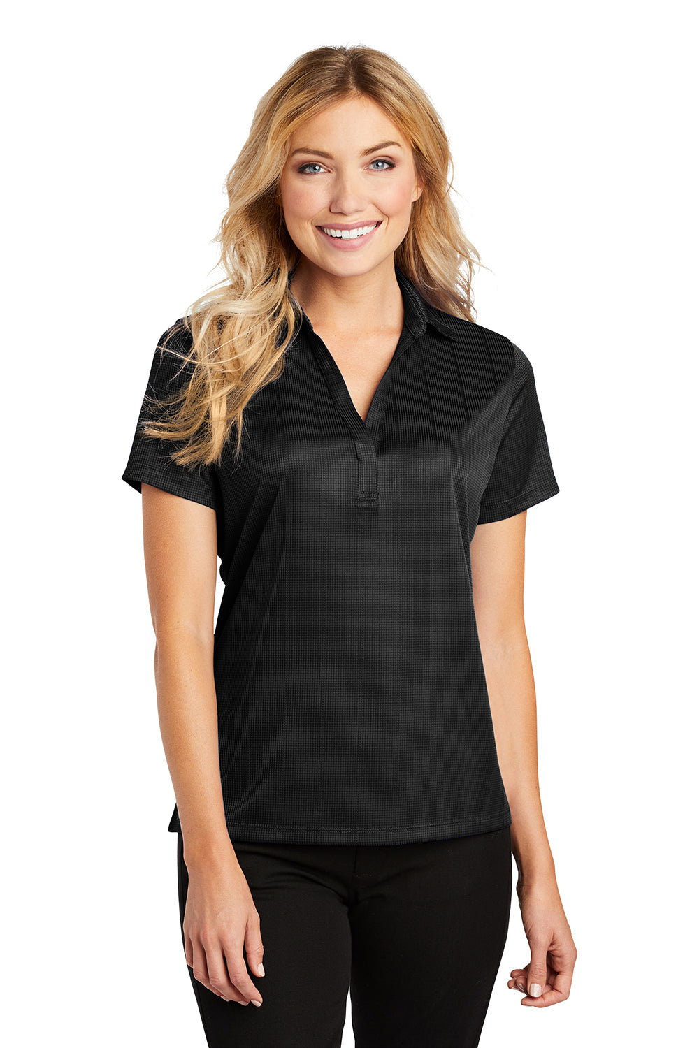 Port Authority L528 Womens Performance Moisture Wicking Short Sleeve Polo Shirt Black Model Front