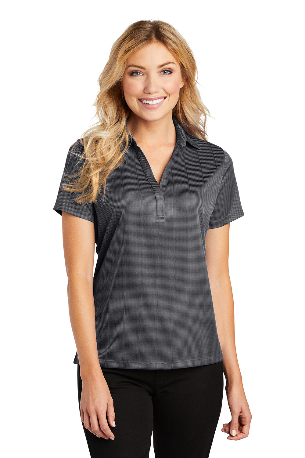 Port Authority L528 Womens Performance Moisture Wicking Short Sleeve Polo Shirt Smoke Grey Model Front