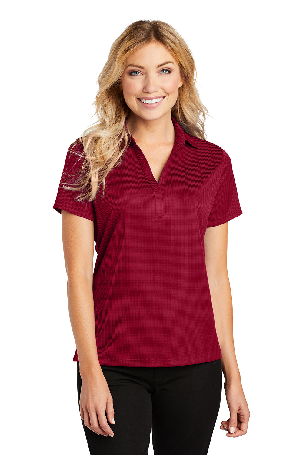 Port Authority L528 Womens Performance Moisture Wicking Short Sleeve Polo Shirt Rich Red Model Front