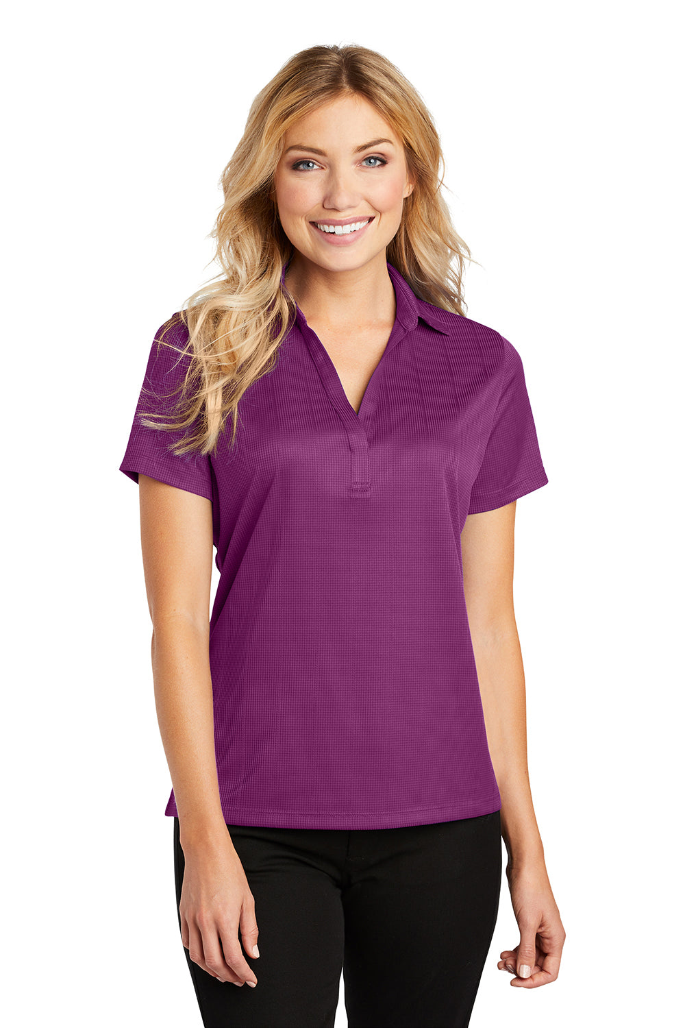 Port Authority L528 Womens Performance Moisture Wicking Short Sleeve Polo Shirt Violet Purple Model Front