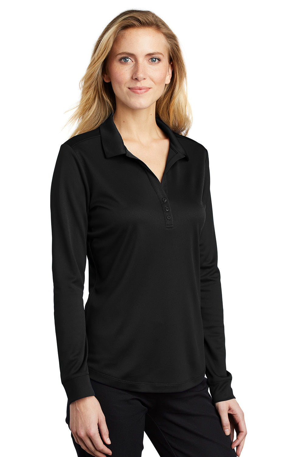 Port Authority L540LS Womens Silk Touch Performance Moisture Wicking Long Sleeve Polo Shirt Black Model 3q