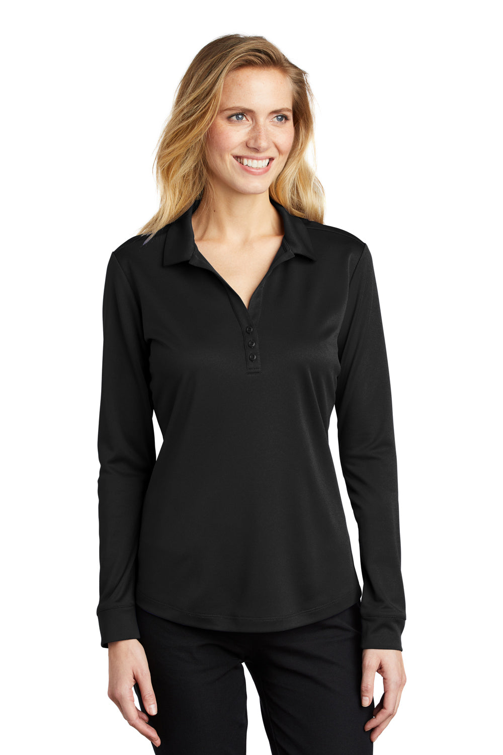 Port Authority L540LS Womens Silk Touch Performance Moisture Wicking Long Sleeve Polo Shirt Black Model Front