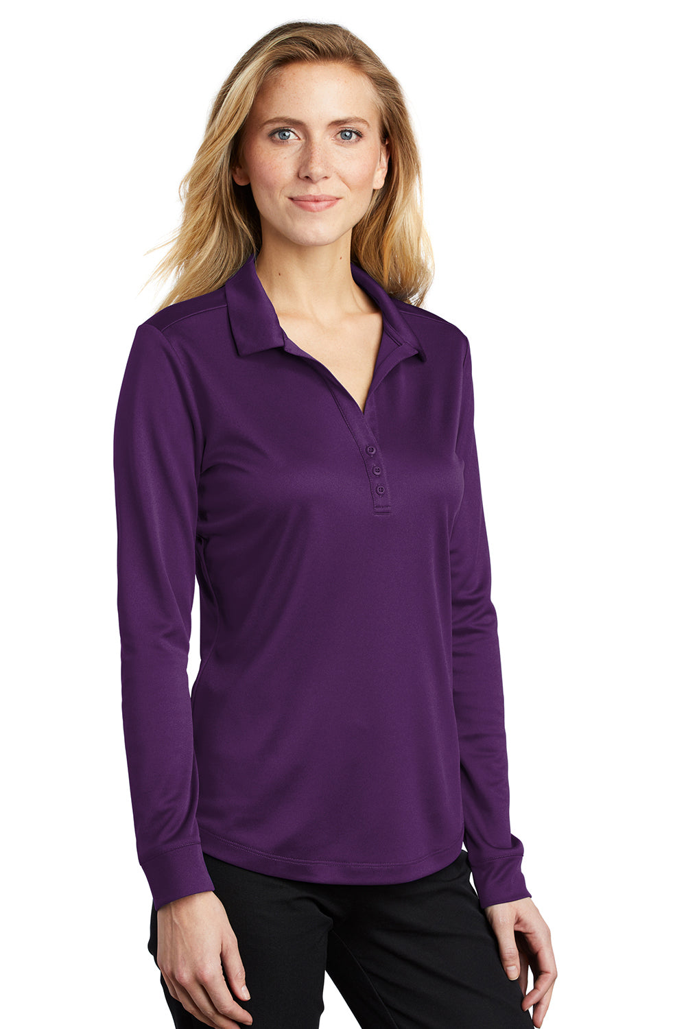 Port Authority L540LS Womens Silk Touch Performance Moisture Wicking Long Sleeve Polo Shirt Bright Purple Model 3q