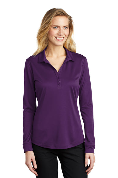 Port Authority L540LS Womens Silk Touch Performance Moisture Wicking Long Sleeve Polo Shirt Bright Purple Model Front