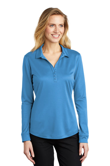 Port Authority L540LS Womens Silk Touch Performance Moisture Wicking Long Sleeve Polo Shirt Carolina Blue Model Front