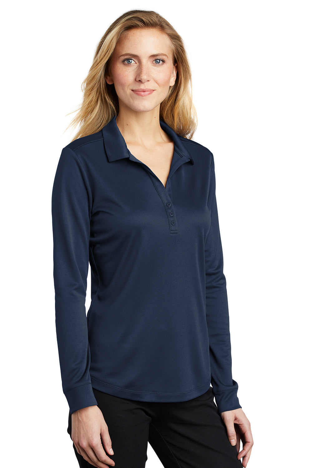 Port Authority L540LS Womens Silk Touch Performance Moisture Wicking Long Sleeve Polo Shirt Navy Blue Model 3q