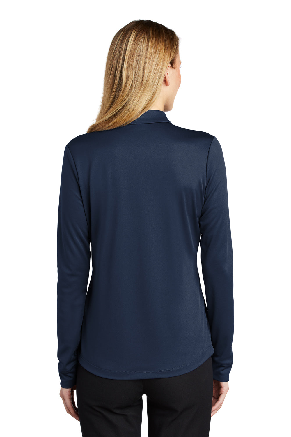 Port Authority L540LS Womens Silk Touch Performance Moisture Wicking Long Sleeve Polo Shirt Navy Blue Model Back