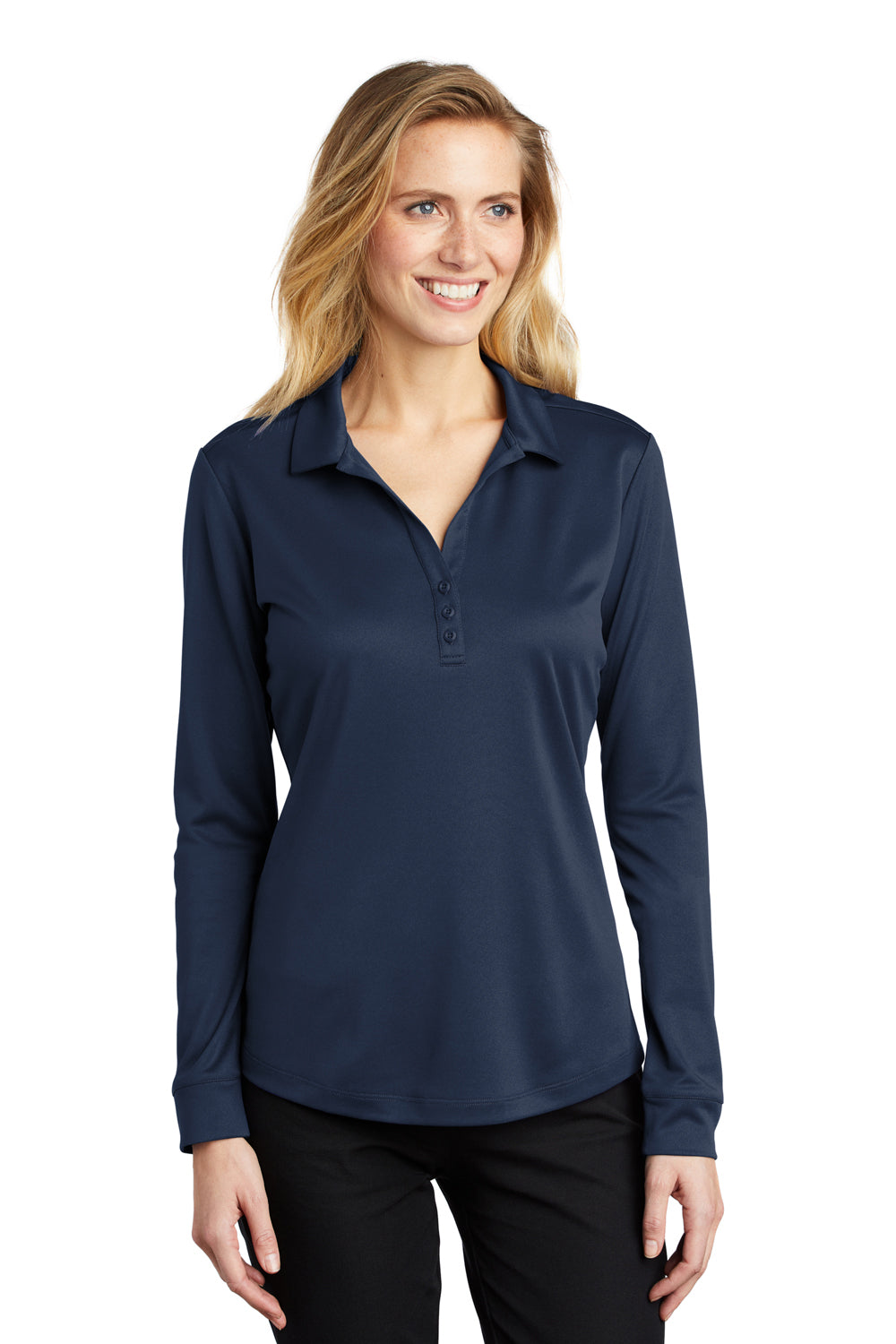 Port Authority L540LS Womens Silk Touch Performance Moisture Wicking Long Sleeve Polo Shirt Navy Blue Model Front