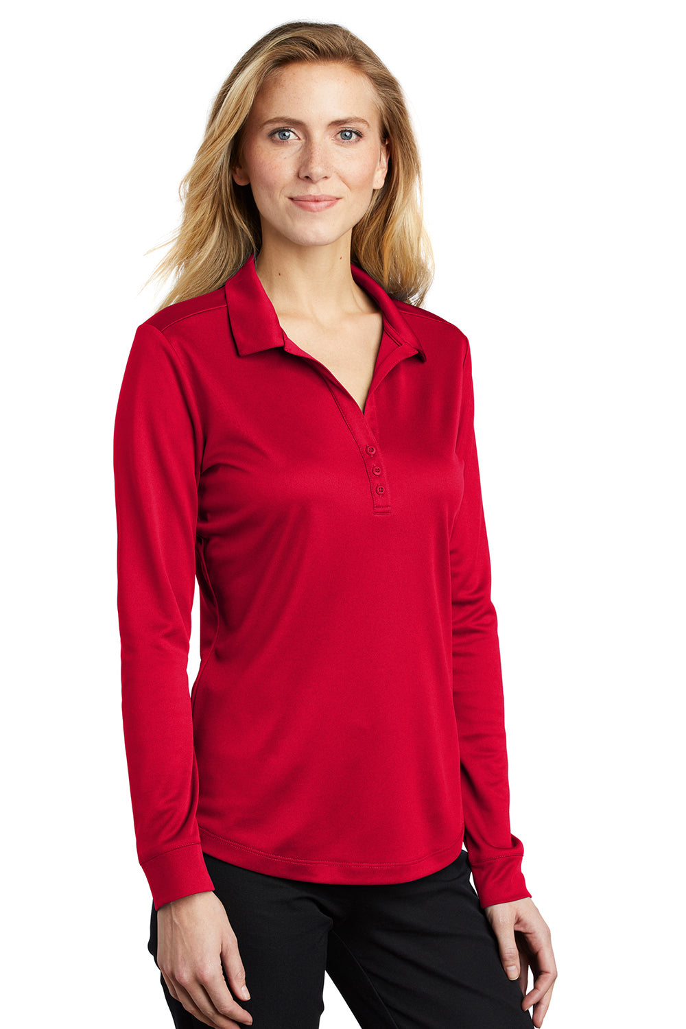 Port Authority L540LS Womens Silk Touch Performance Moisture Wicking Long Sleeve Polo Shirt Red Model 3q