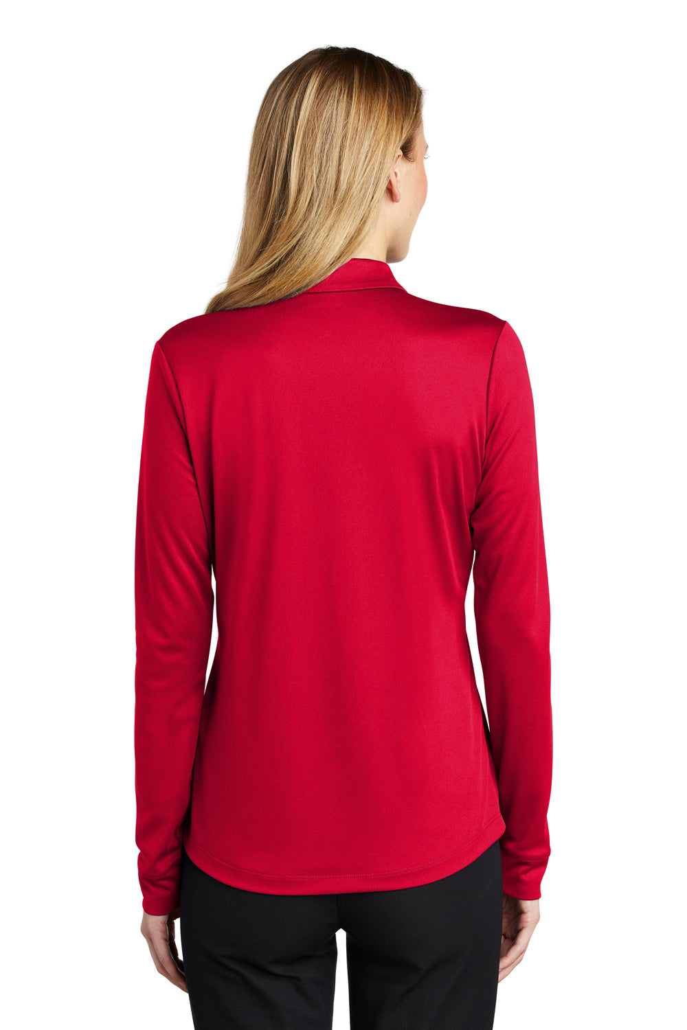 Port Authority L540LS Womens Silk Touch Performance Moisture Wicking Long Sleeve Polo Shirt Red Model Back