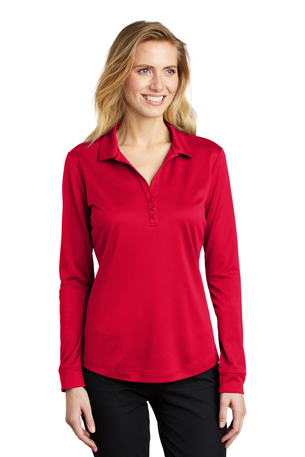 Port Authority L540LS Womens Silk Touch Performance Moisture Wicking Long Sleeve Polo Shirt Red Model Front