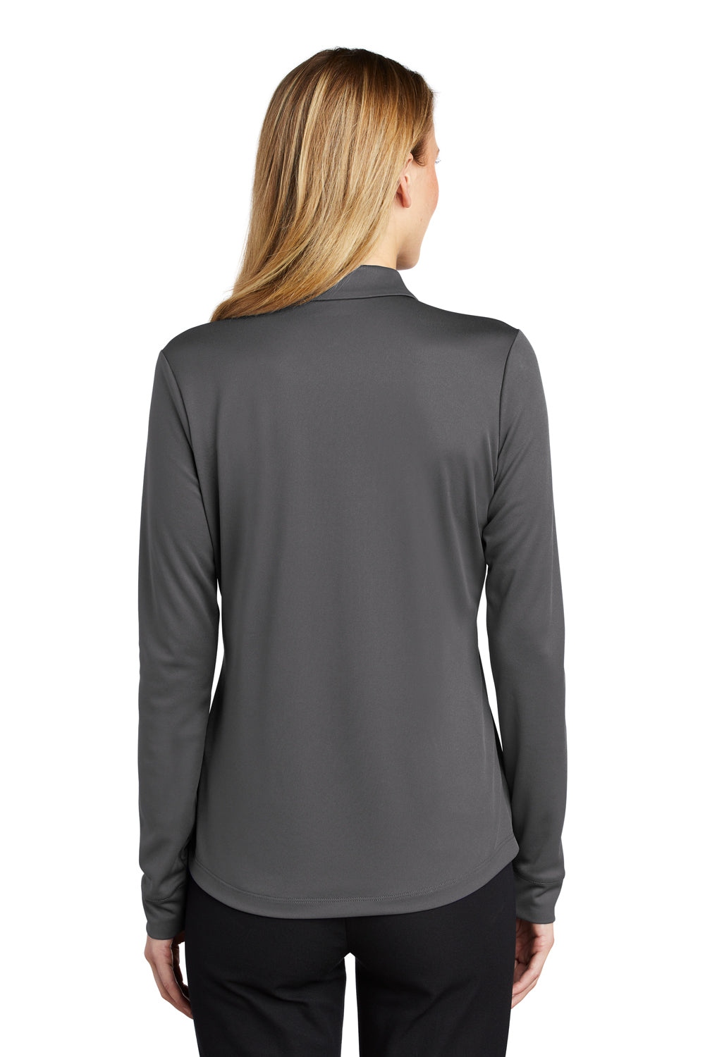 Port Authority L540LS Womens Silk Touch Performance Moisture Wicking Long Sleeve Polo Shirt Steel Grey Model Back