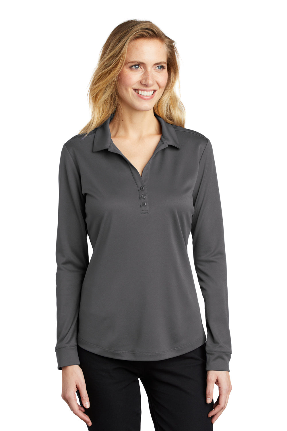 Port Authority L540LS Womens Silk Touch Performance Moisture Wicking Long Sleeve Polo Shirt Steel Grey Model Front