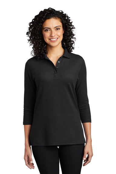 Port Authority L562 Womens Silk Touch 3/4 Sleeve Polo Shirt Black Model Front