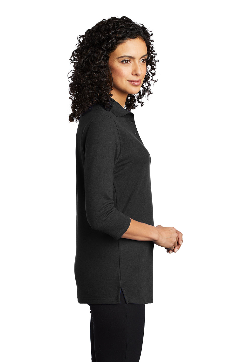 Port Authority L562 Womens Silk Touch 3/4 Sleeve Polo Shirt Black Model Side