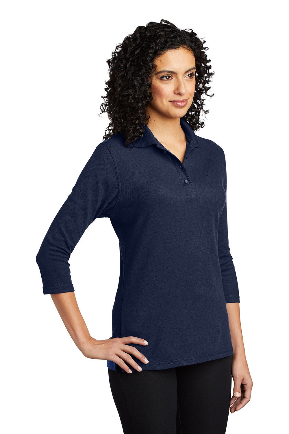 Port Authority L562 Womens Silk Touch 3/4 Sleeve Polo Shirt Navy Blue Model 3q