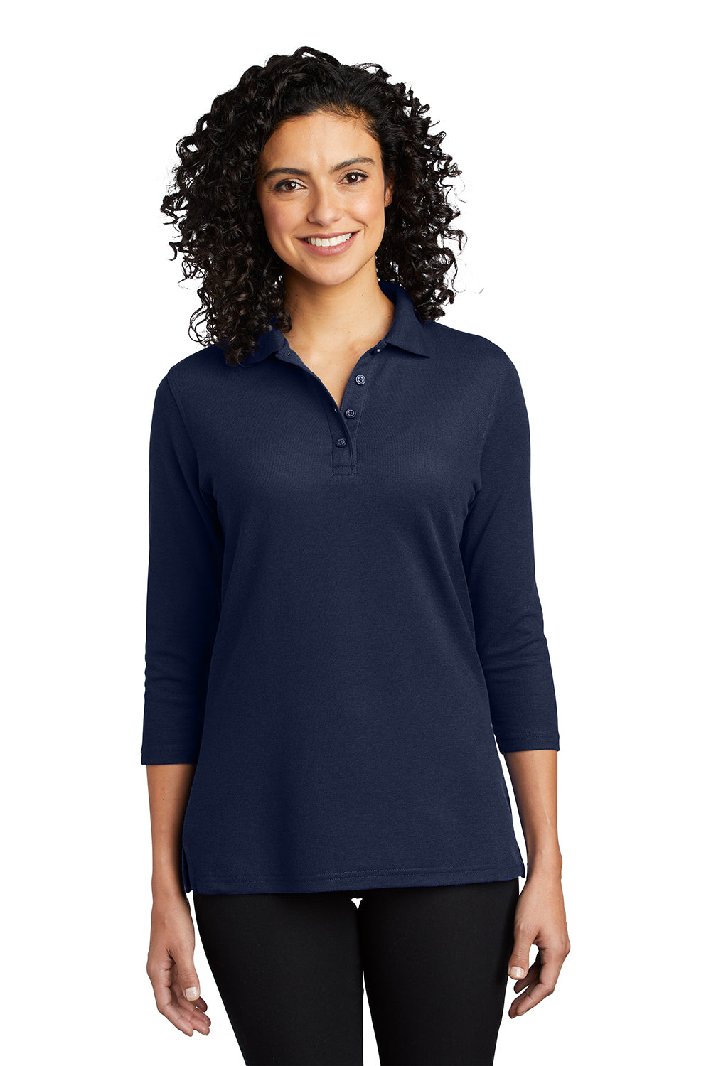 Port Authority L562 Womens Silk Touch 3/4 Sleeve Polo Shirt Navy Blue Model Front