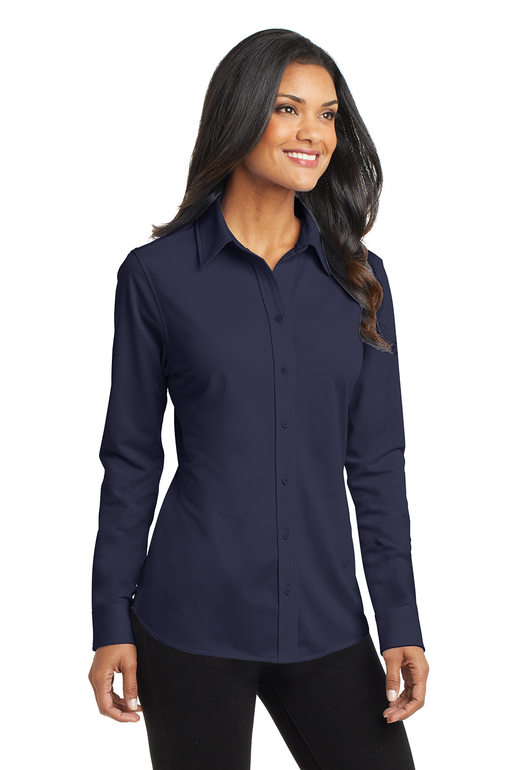 Port Authority L570 Womens Dimension Moisture Wicking Long Sleeve Button Down Shirt Dark Navy Blue Model 3q