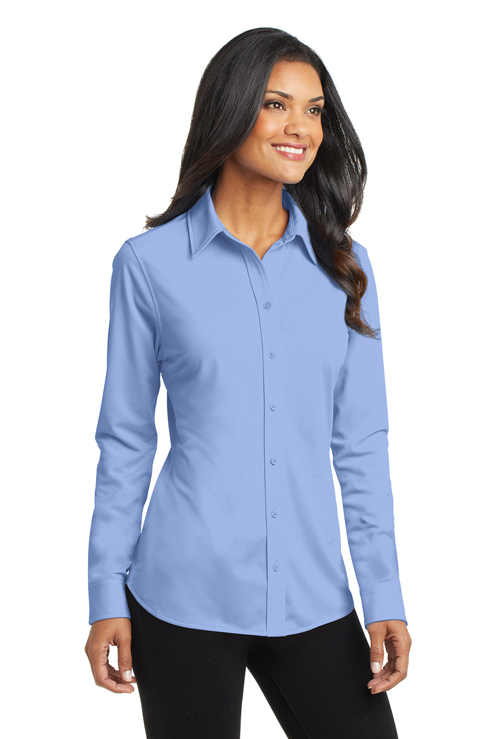 Port Authority L570 Womens Dimension Moisture Wicking Long Sleeve Button Down Shirt Dress Shirt Blue Model 3q