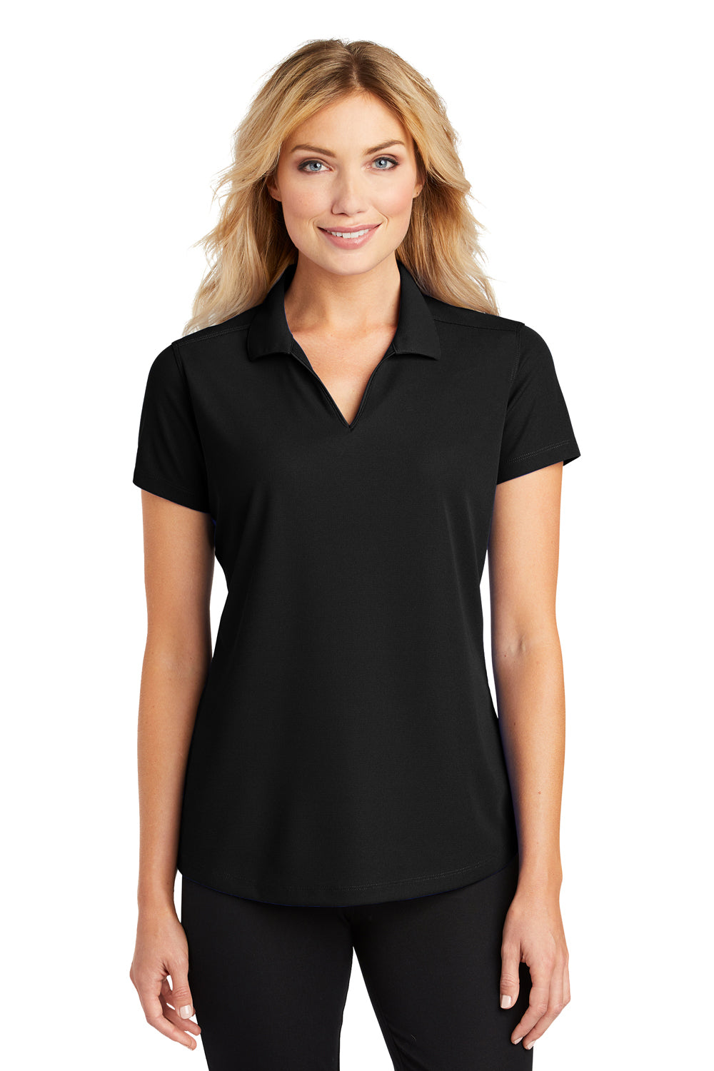 Port Authority L572 Womens Dry Zone Moisture Wicking Short Sleeve Polo Shirt Black Model Front