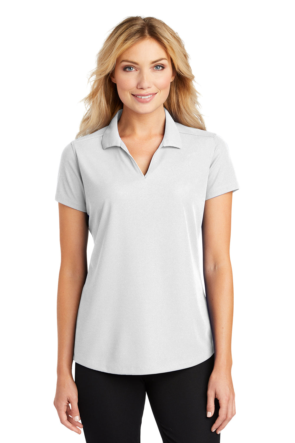 Port Authority L572 Womens Dry Zone Moisture Wicking Short Sleeve Polo Shirt White Model Front