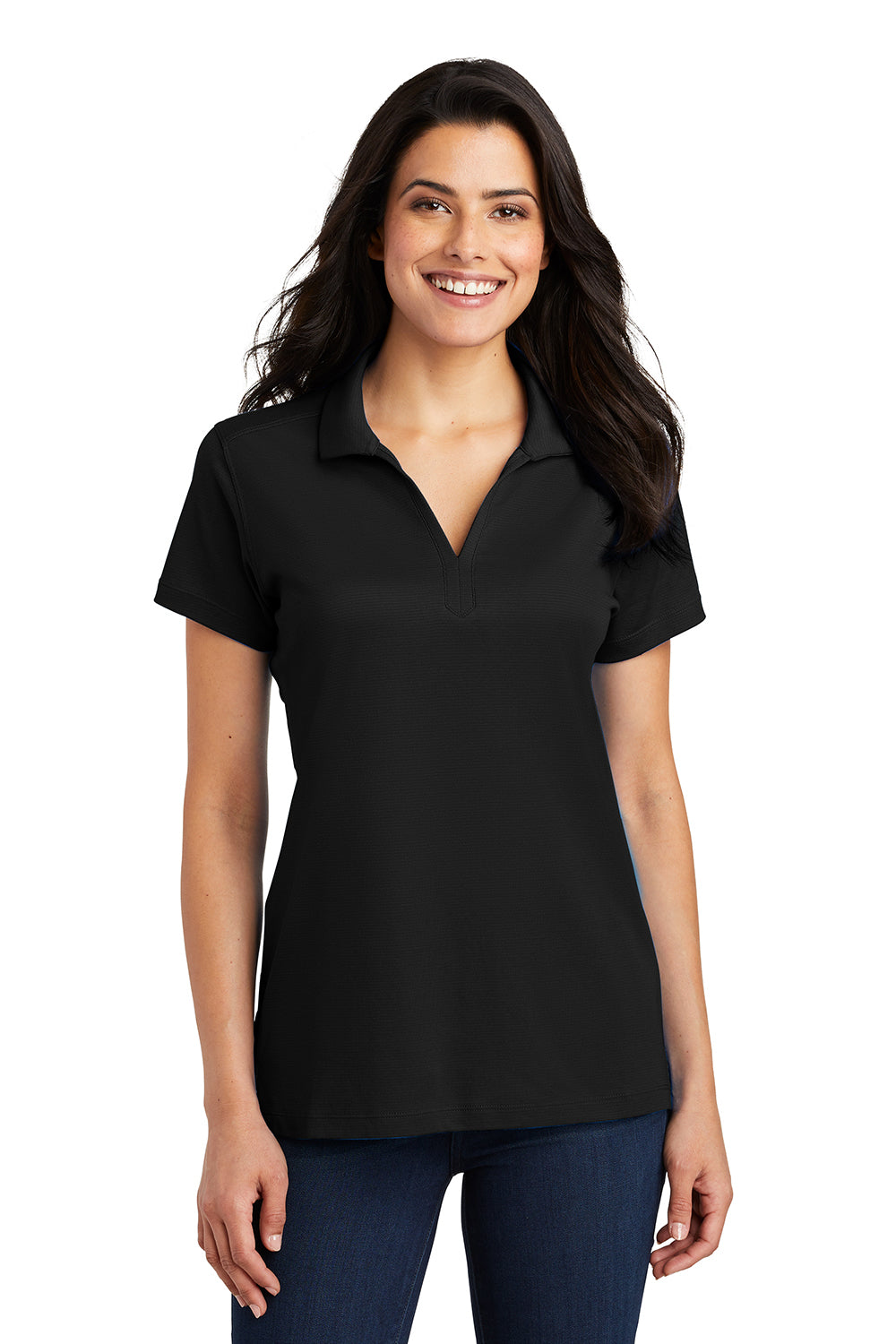 Port Authority L573 Womens Rapid Dry Moisture Wicking Short Sleeve Polo Shirt Black Model Front