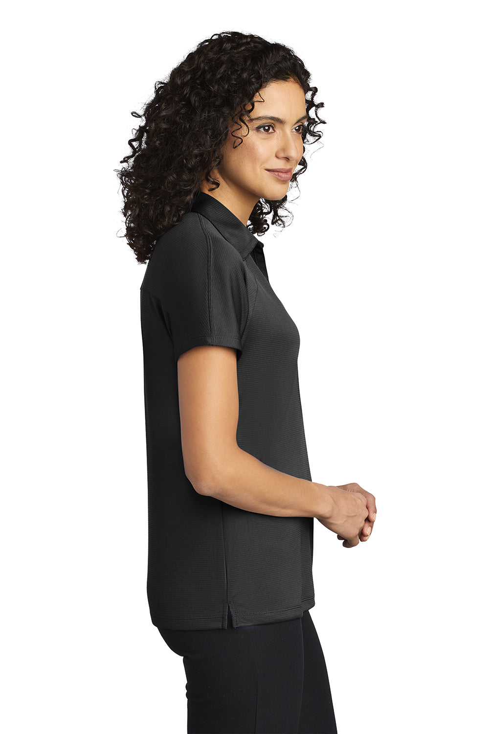 Port Authority L575 Womens Crossover Moisture Wicking Short Sleeve Polo Shirt Black Model Side