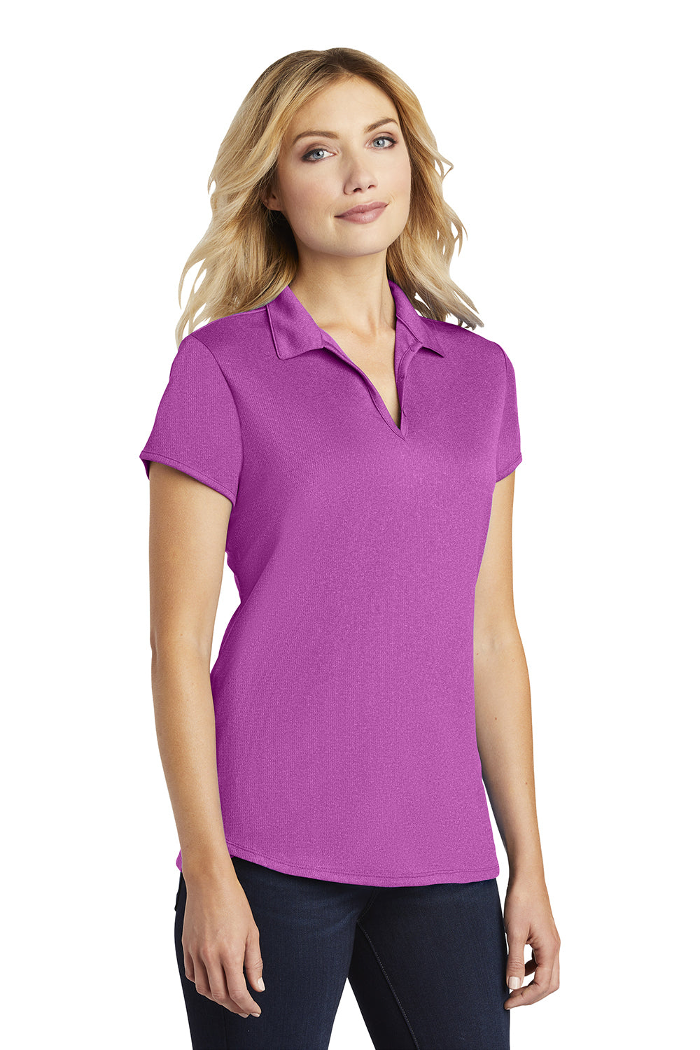 Port Authority L576 Womens Trace Moisture Wicking Short Sleeve Polo Shirt Heather Berry Pink Model 3q