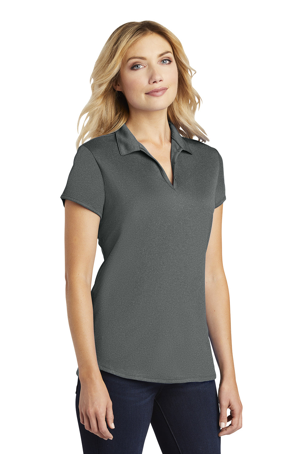 Port Authority L576 Womens Trace Moisture Wicking Short Sleeve Polo Shirt Heather Charcoal Grey Model 3q