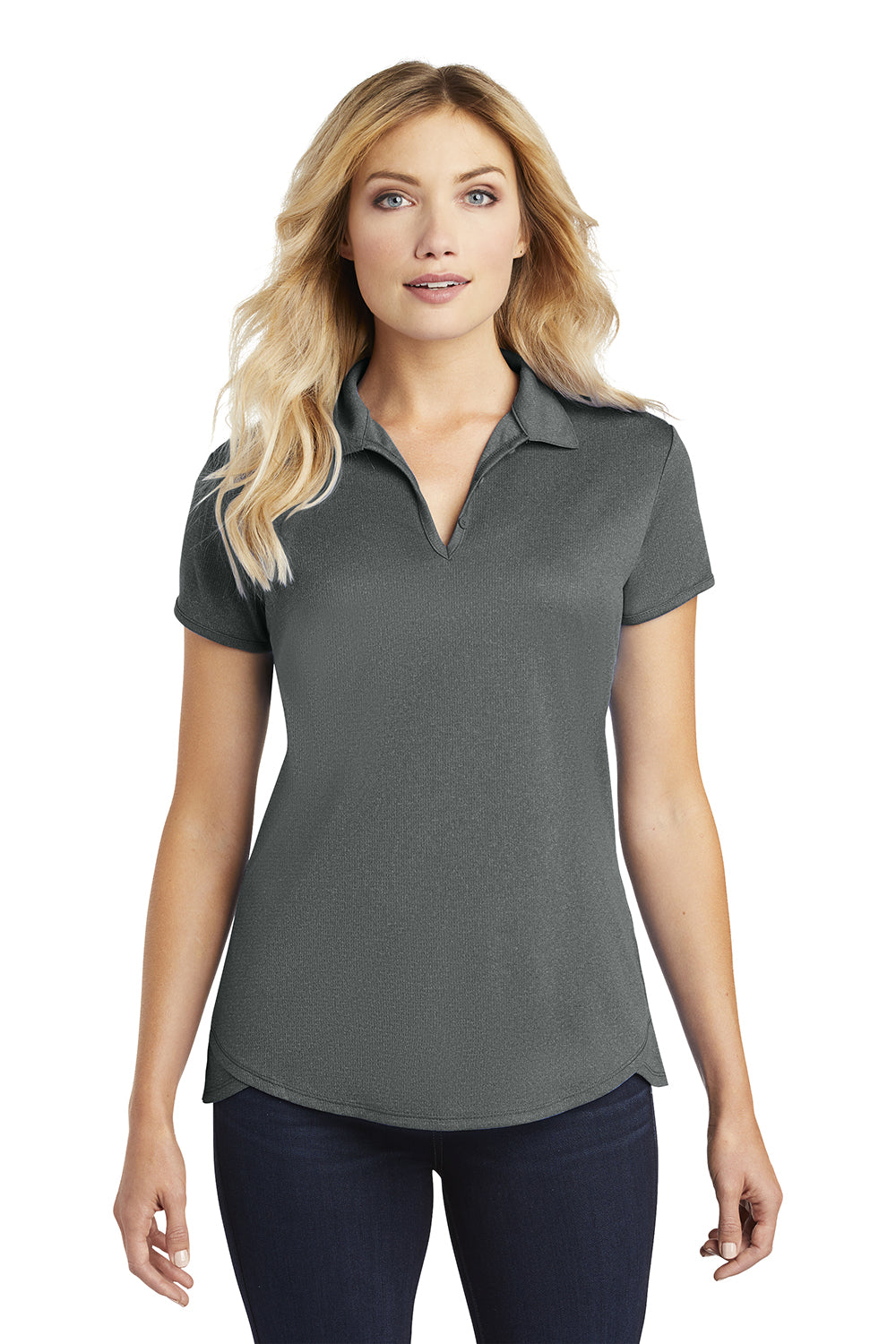 Port Authority L576 Womens Trace Moisture Wicking Short Sleeve Polo Shirt Heather Charcoal Grey Model Front